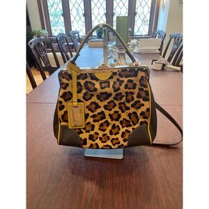 Claudia Firenze Leopard Calf Hair Leather Satchel Bag Yellow Trim Made in Italy